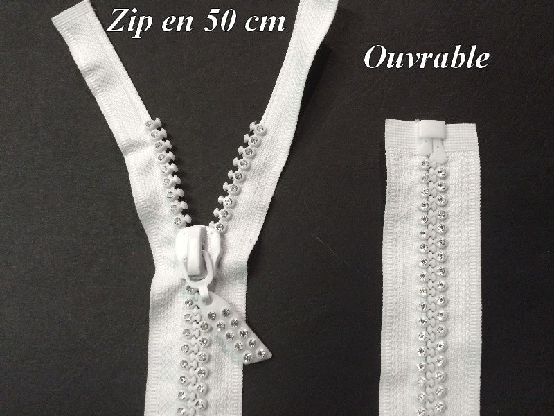 Zip Strass 50 cm Blanche, Fermeture éclair en  double strass Séparable, ouvrable en 50 cm.