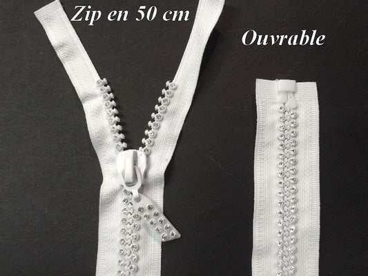 Zip Strass 50 cm Blanche, Fermeture éclair en  double strass Séparable, ouvrable en 50 cm.