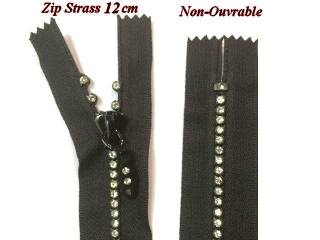 Zip Strass  En 12 Cm Noir, Fermeture Eclair, Non-Ouvrable.