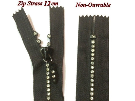 Zip Strass  En 12 Cm Noir, Fermeture Eclair, Non-Ouvrable.