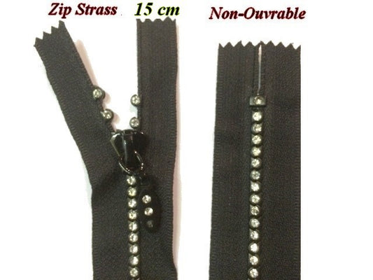 Zip strass en 15 cm Noir Non-Ouvrable, A Coudre.