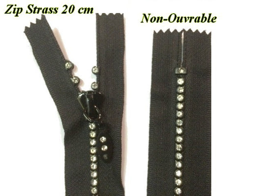 Zip Strass En 20 Cm Noir , Non-Ouvrable, A Coudre.