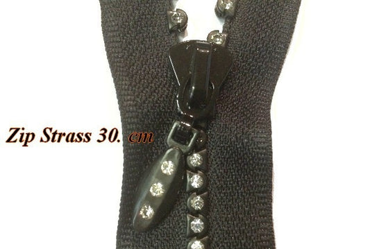 Zip Strass en 30 Cm Noir,Fermeture Eclair ,Non-Ouvrable, A Coudre.