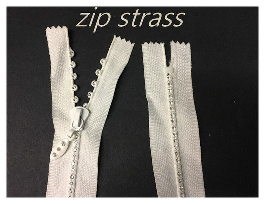 Zip Strass En 50 Cm ivoire, Fermeture éclair strass Non-Ouvrable Pour Customisations.