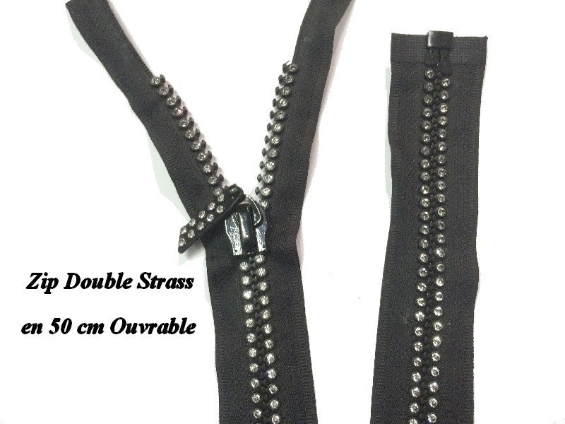 Zip Strass En 50 Cm Noir, fermeture éclair strass en Double Strass ouvrable A Coudre