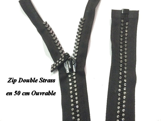 Zip Strass En 50 Cm Noir, fermeture éclair strass en Double Strass ouvrable A Coudre