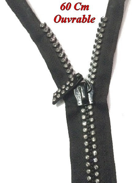 Zip Strass en 60 Cm Noir, Fermeture Eclair Strass Ouvrable  A Coudre. Customisations.