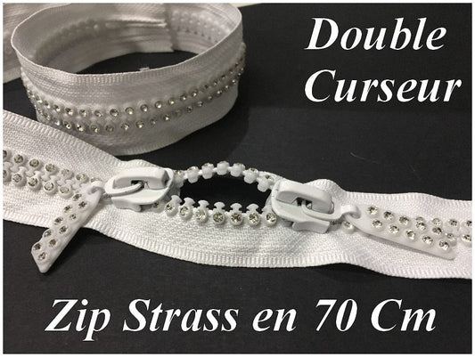 Zip Strass En 70 cm Blanche, Grosse Maille Strass  Fermeture éclair Non Séparable, Non Ouvrable